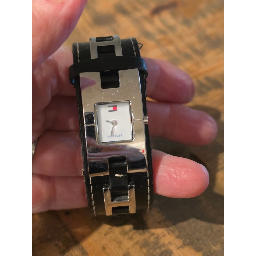 Tommy Hilfiger Womens Cuff Watch Black Leather Band Silver H Link Square Dial